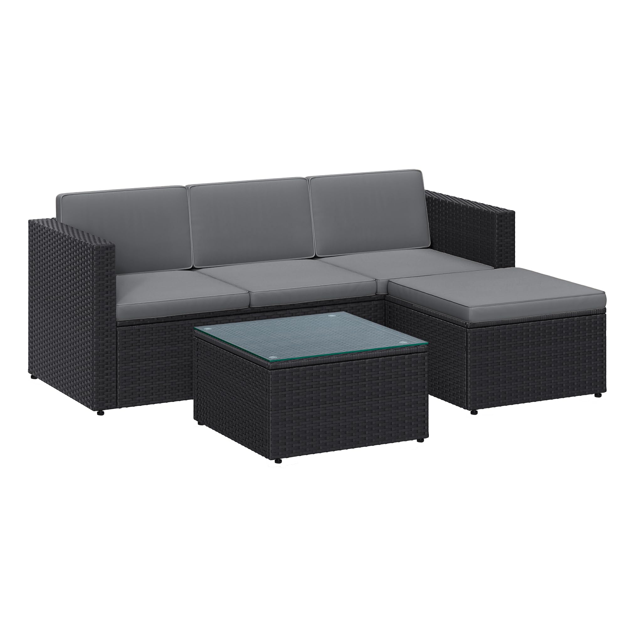 SONGMICS Gartenmöbel-Set, Balkonmöbel aus PE-Polyrattan, Terrassenmöbel, Ecksofa, Outdoor, handgeflochtenes Rattan, Lounge-Set, mit Kissen und Glastisch, schwarz-grau GGF005B04