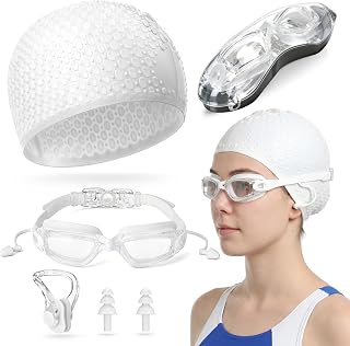 Tallew Swim Goggles Swimming Cap Set with Earplugs, Nose Clip and Case Silicone Swim Hat Waterproof Chlorine Resistant