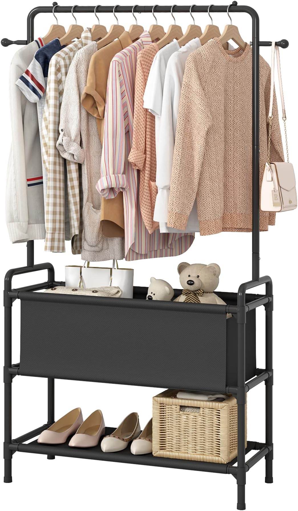 Calmootey Clothing Rack with Storage Bag, 3-in-1 Garment Rack, Non-woven Shelves for Shoes, Clothes Rack for Bedroom, Hallway, Entryway, Black