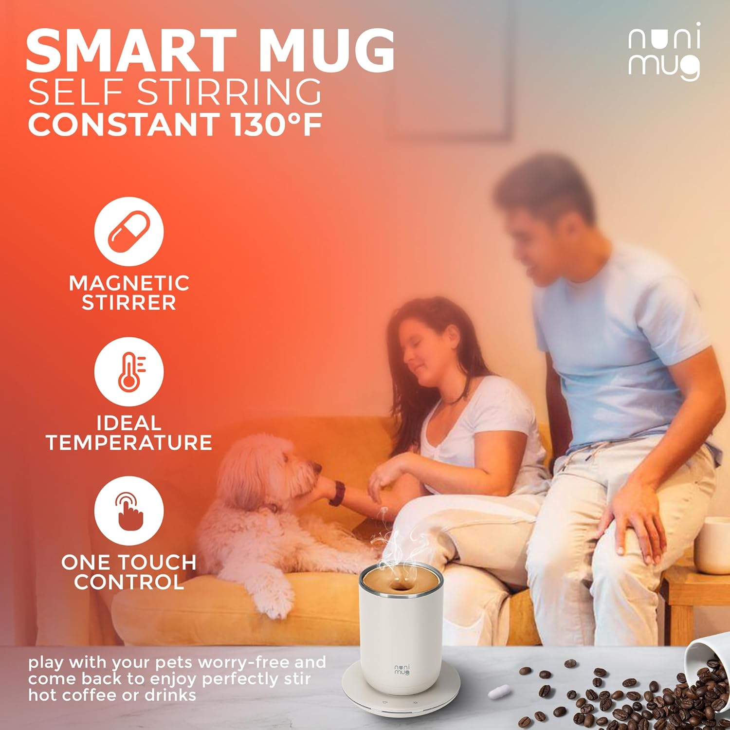 Self Stirring Coffee Mug- 10 Oz No Batteries Smart Dual Function 3 Temperature Levels Control to Stir & Heat Beverages - Powerful 12V Charger Airtight Lid bElectric Cup in a Gift Box (White)