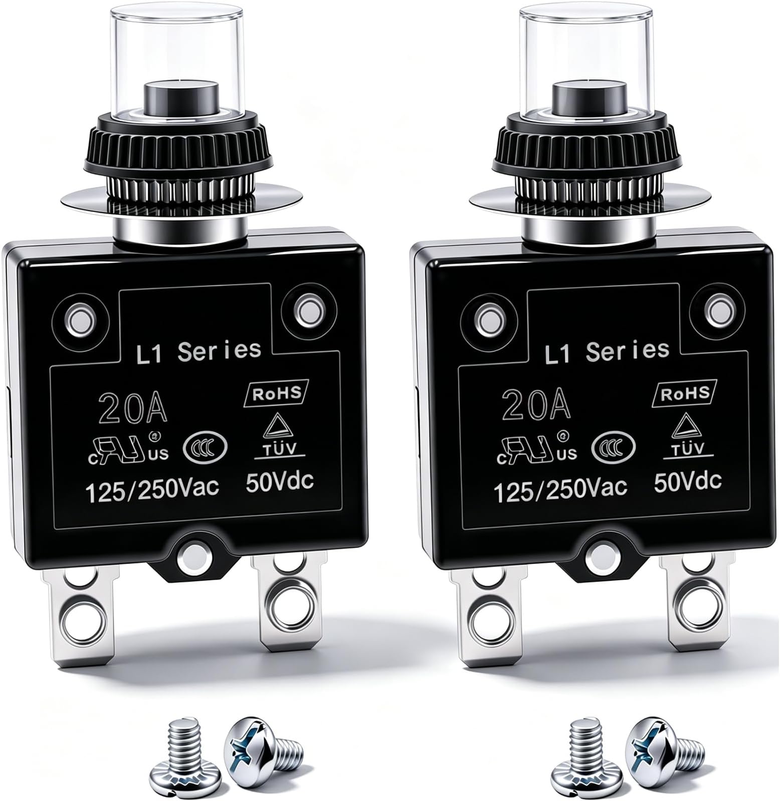 mxuteuk 2Pcs 20Amp Circuit Breakers Push Button Manual Reset 125/250V AC 50V DC, L1 Series Overload Protector Switch Thermal Circuit Breakers with Waterproof Button Caps L1-ls-20A