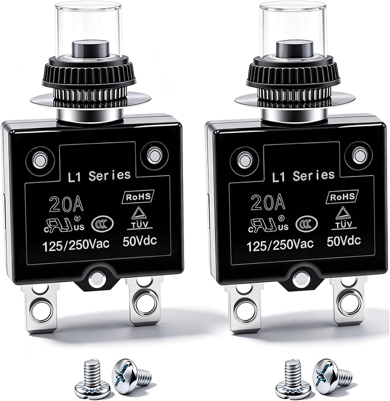mxuteuk 2Pcs 20Amp Circuit Breakers Push Button Manual Reset 125/250V AC 50V DC, L1 Series Overload Protector Switch Thermal Circuit Breakers with Waterproof Button Caps L1-ls-20A
