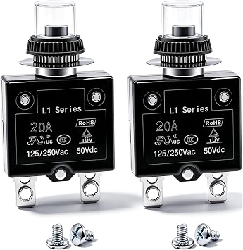 mxuteuk 2Pcs 20Amp Circuit Breakers Push Button Manual Reset 125/250V AC 50V DC, L1 Series Overload Protector Switch Thermal Circuit Breakers with Waterproof Button Caps L1-ls-20A