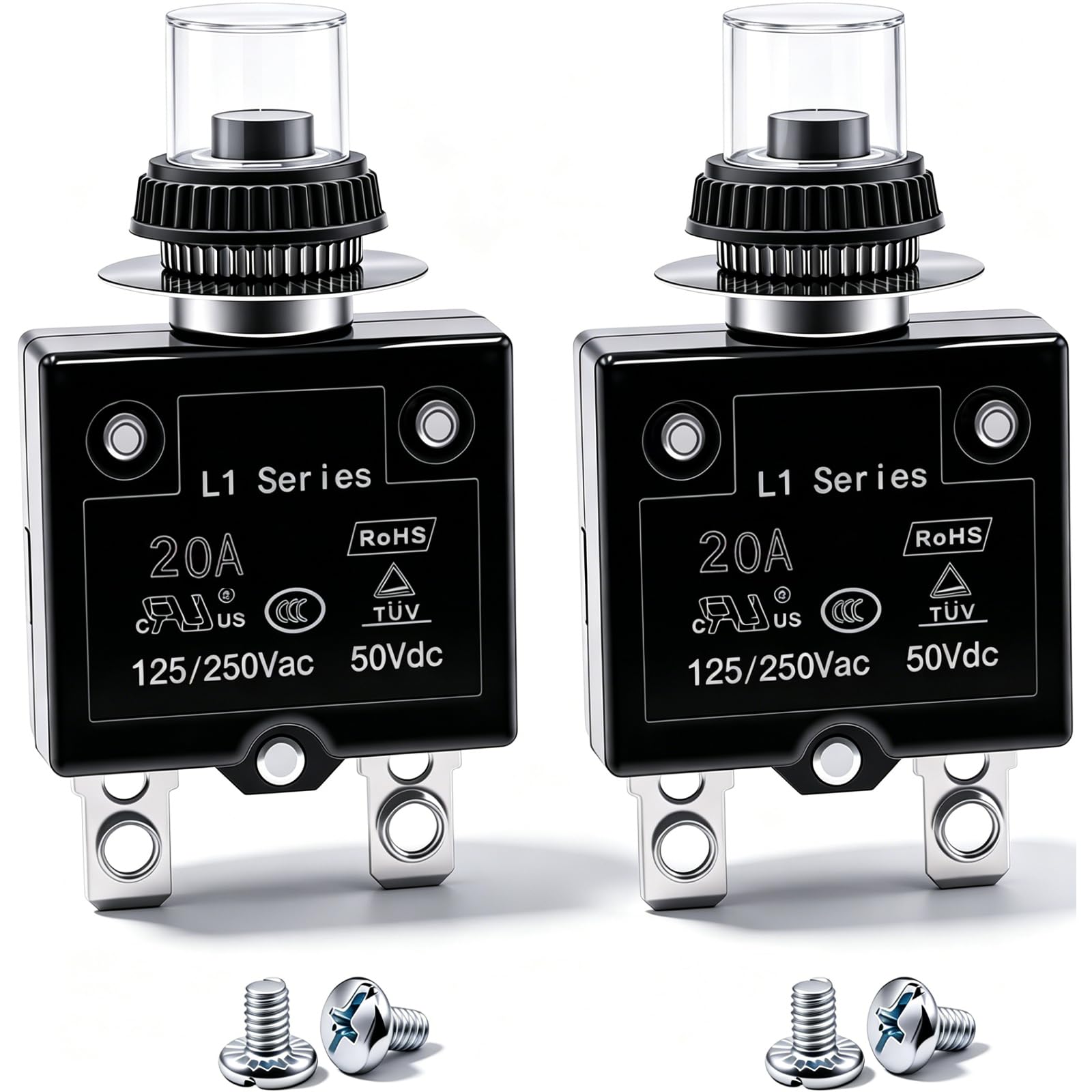 mxuteuk 2Pcs 20Amp Circuit Breakers Push Button Manual Reset 125/250V AC 50V DC, L1 Series Overload Protector Switch Thermal Circuit Breakers with Waterproof Button Caps L1-ls-20A