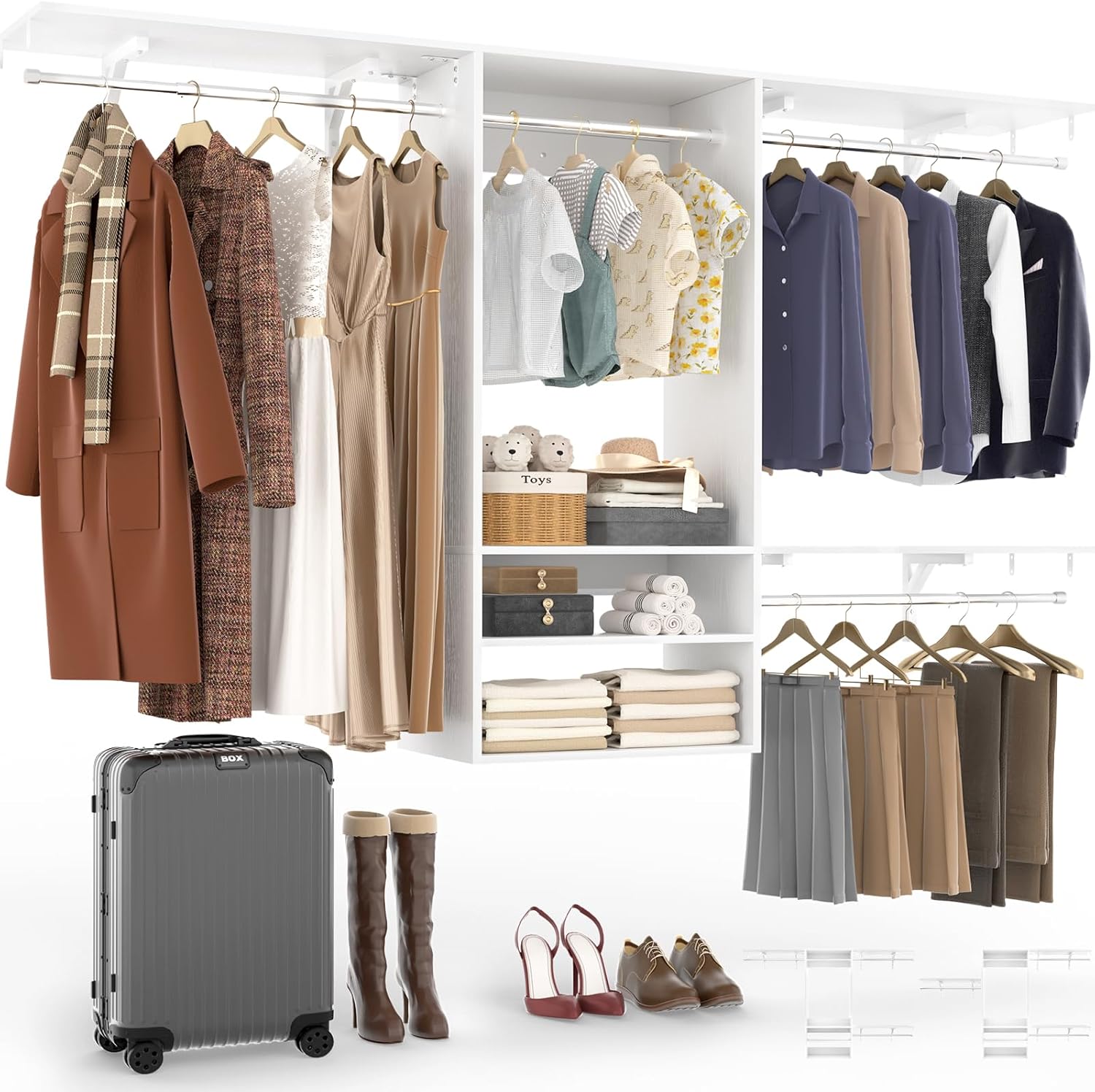 8FT Hanging Closet System, 96 Inch Closet Organizer System with Hanging Rod, Walk In Mounted Closet System, Built-In Clothes Garment Rack with 3 Shelving Towers(Can Be Cut To Fit), White