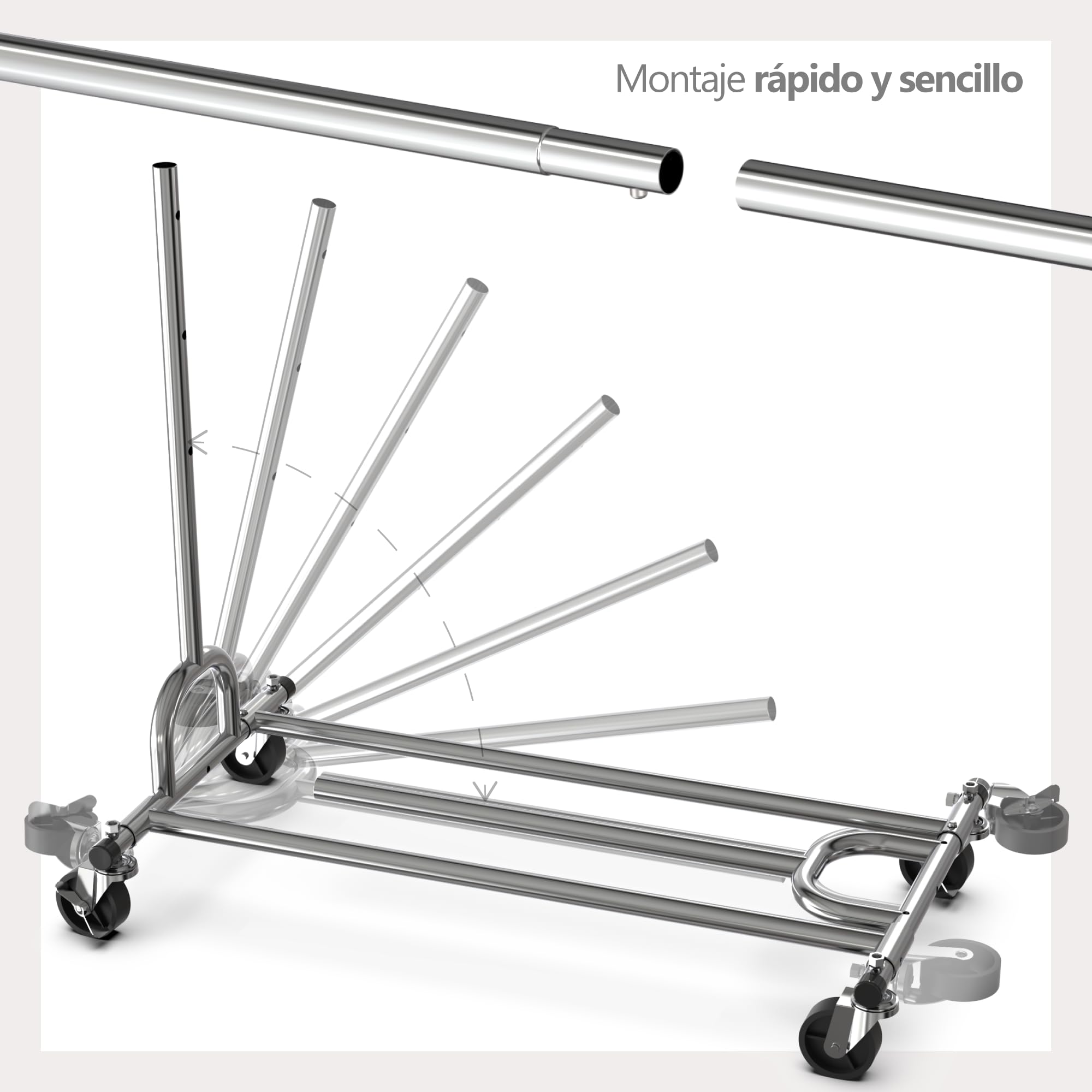 PORTENTUM Perchero burro ropa resistente extensible con ruedas y frenos – Altura regulable entre 149 y 174 cm – Hasta 180 kg de carga – Organizador ropa de acero de 45 x (92–132) cm de ancho
