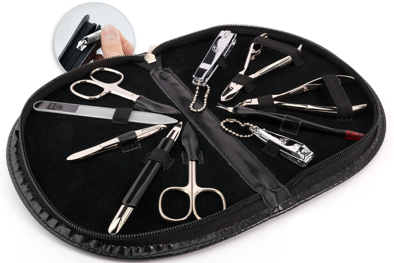 DREI SCHWERTER Germany Maniküreset Nagel Set 'Brescia' - 10-tlg. | edles schwarzes Kunstleder | Inhalt: Nagelschere, Nagelzange, Glasnagelfeile und vieles mehr