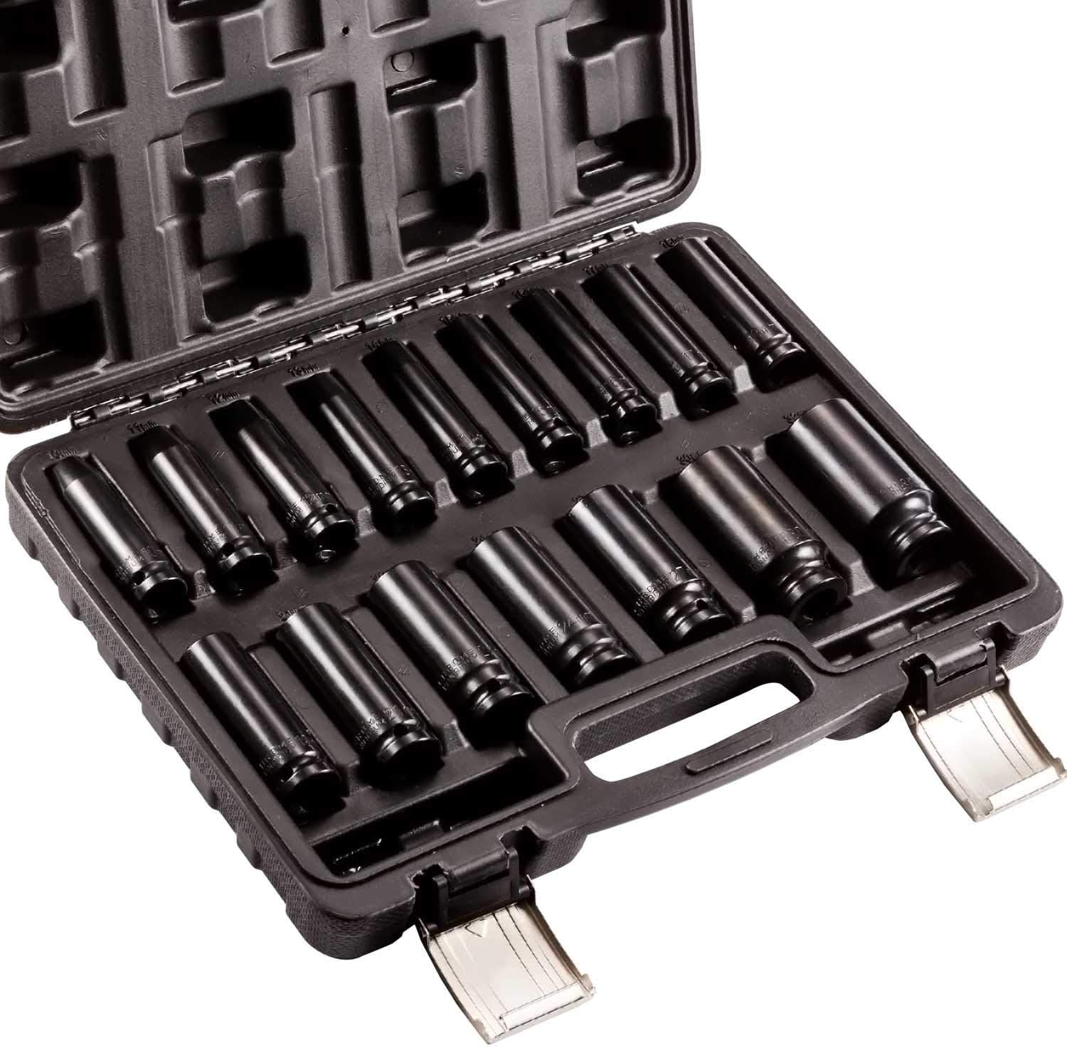 Impact Socket Set 1/2 inch Square Drive Metric 16pcs 10-32mm Long Socket Set Impact Wrench Socket Set 6 Point with Black Strong Case