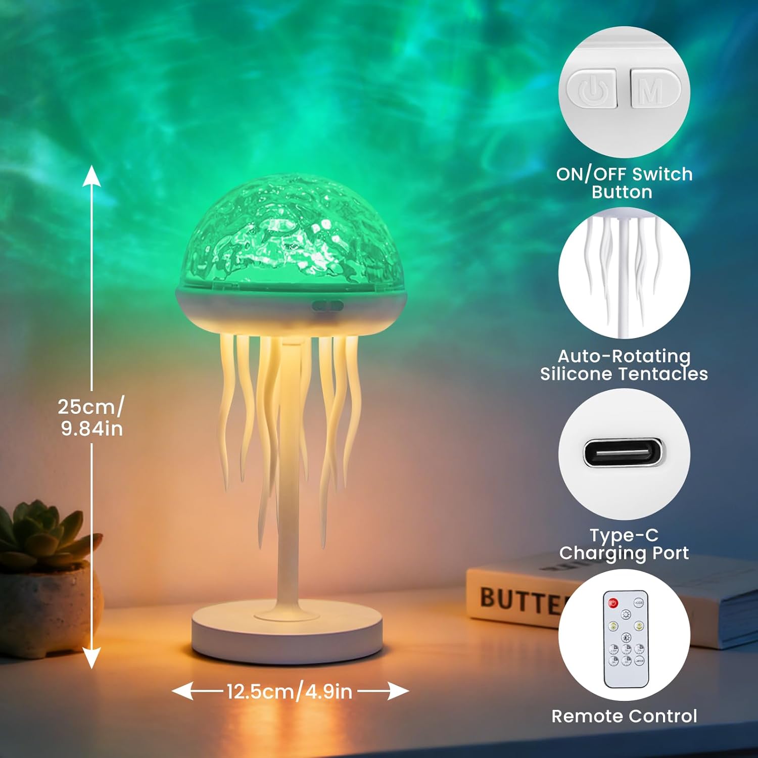 Jellyfish Lamp with Ocean Wave Projector Light, 2-in-1 Rechargeable Night Light with Remote, 3D Water Ripple Color Changing Lamp for Bedroom, Kids Room