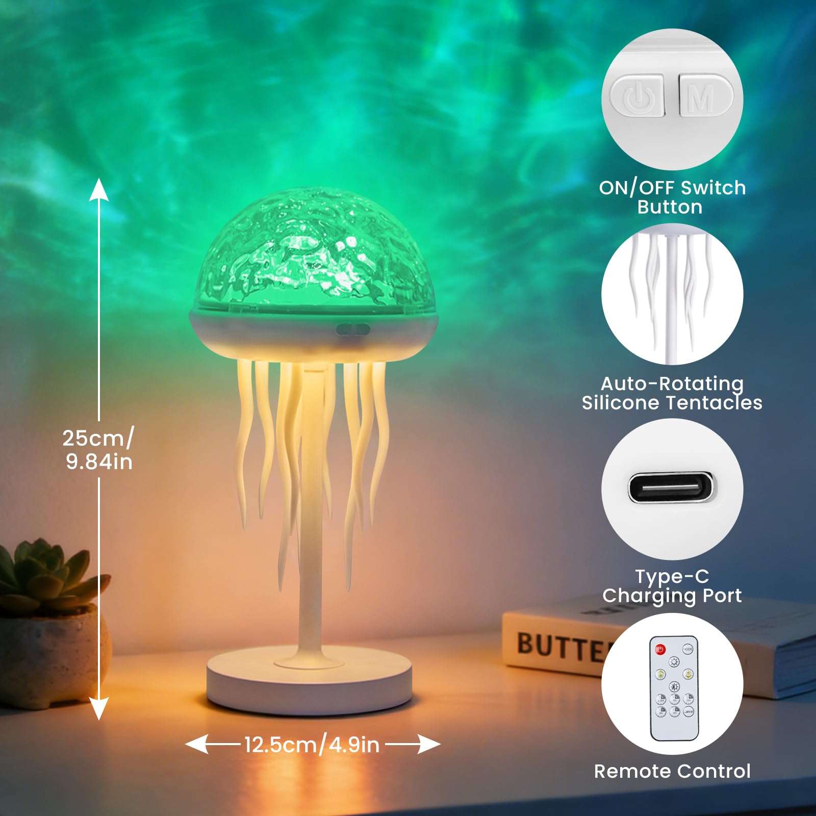 Lampada medusa e proiettore oceano, luce ricaricabile 2 in 1 | gelatina pesce luce lampada oceano onda proiettore acqua ondulazione lampada onda lampada oceano camera arredamento