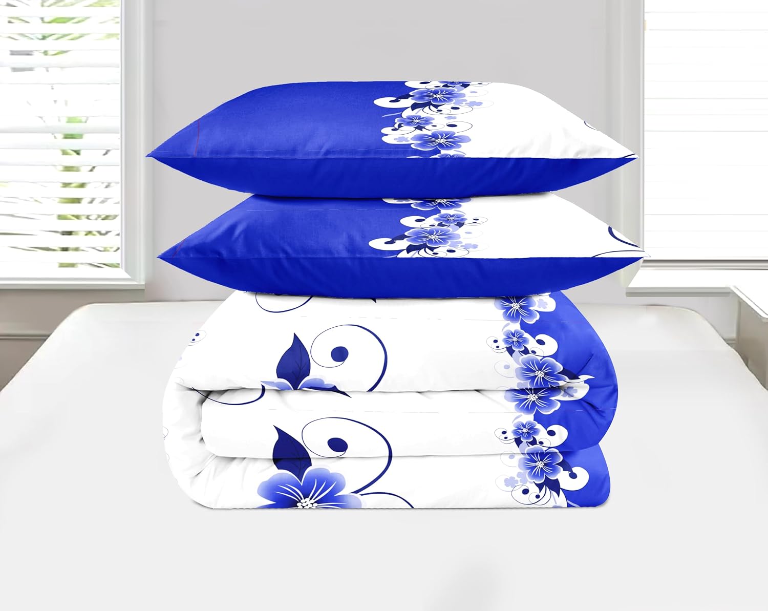 12-Piece Royal Blue Gardenia Duvet Cover Set Queen with Curtains, Floral Bed in a Bag Queen with Sheets, Matching Curtains Comforter Cover, Soft Microfiber Bedding Set Zipper Closure, Ideal Gift