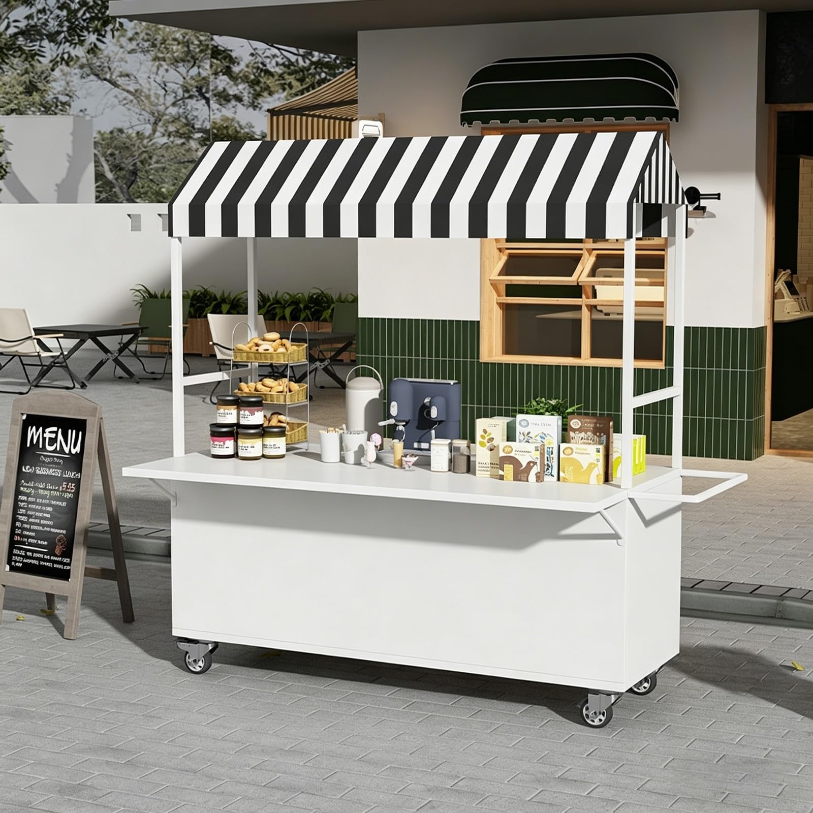 Carrito de Venta Ambulante Exterior con Toldo, Carro de Comida Portátil con Ruedas, Puesto Móvil para Helados y Street Food(A,L 120cm/47.2in)