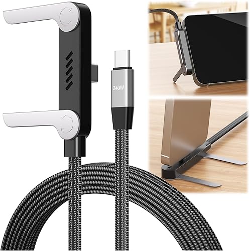 240W Braided Fast Charge Cable, 2026 New Invisible Holder Charger Cable with Stand, 4.92ft Foldable Durable 240W Stand Data Cable USB-C Cord 90 Degree Right Angle USB C Cable, Type C to Type C (1)