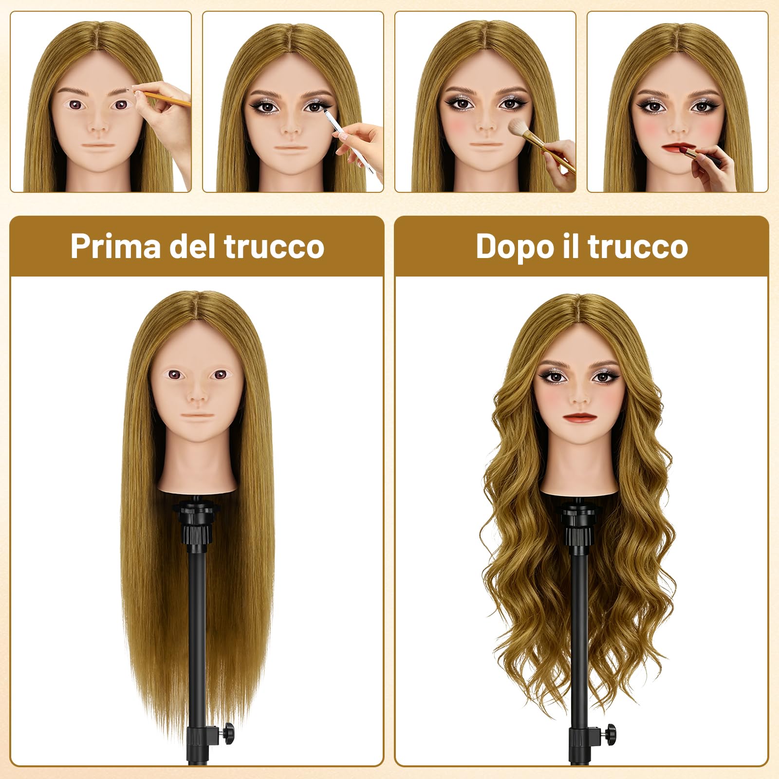 TwoWin Testa Parrucchiere 26 Pollici 66 cm Capelli Veri 80% Marrone dorato
