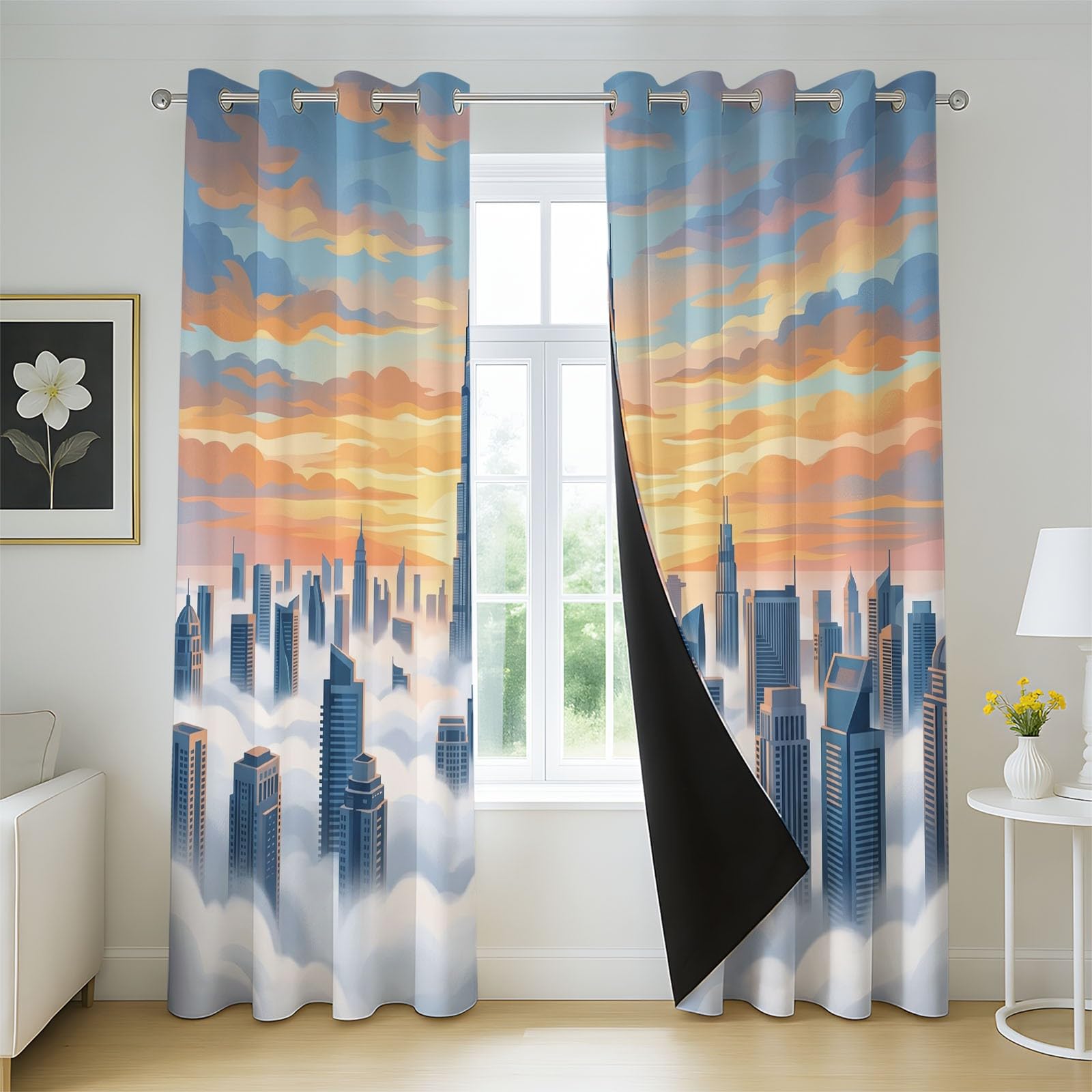 Générique Lot de 2 Rideau Occultant Moderne Cinématique Nuage Ville 140L x 1220H CM, Rideaux Thermique Isolant Anti Froid, Rideau Occultant - Rideaux Fenetre pour Chambre et Salon