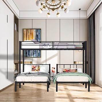 Metal Twin over Twin Bunk Bed,Twin over Twin Bunk Bed with Guardrails Twin Triple Bunk Bed for 3 Kids,Separates Into 3 Twin Beds,Built-in Shelf and Desk Space-Saving Bunk Bed for Teens,Kids,Adults