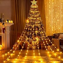 Christmas Tree Decorations Waterfall Lights,12.6ft Christmas Light for Garden Outdoor,350 LEDs Xmas Waterfall Lights with Star,Indoor Fairy Lights with USB Powered 8 Modes -Warm White