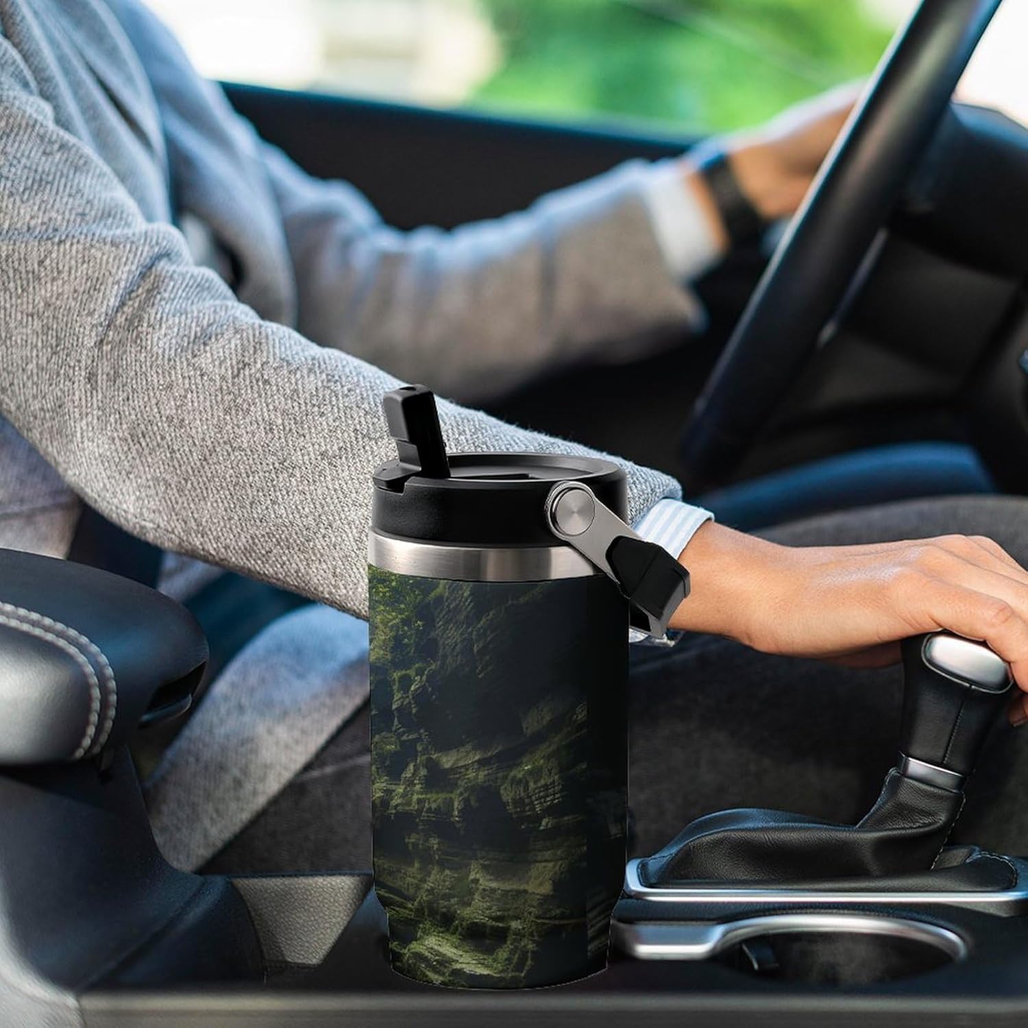 Waterfall Cliff Water Bottle 30 Oz Fits Car Cup Holder,Insulated Coffee Mug Large Capacity Car Cups,Stainless Steel Double Wall Sport Bottle for Travel Sports Gym