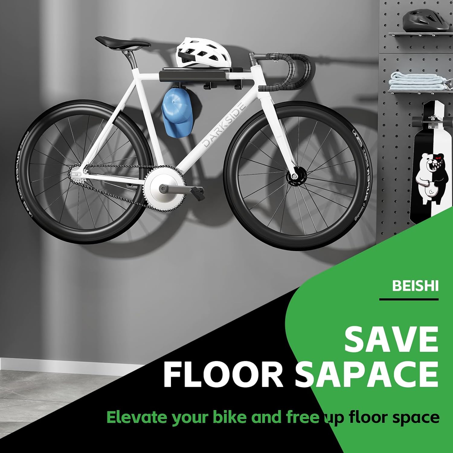 Bike Wall Mount Rack Indoor Bike Storage Garage Bike Rack Wall Mount with Shelf and Hooks Store Your Helmet and Shoes for a Single Road, Mountain or Other Bicycle (Universal Size)