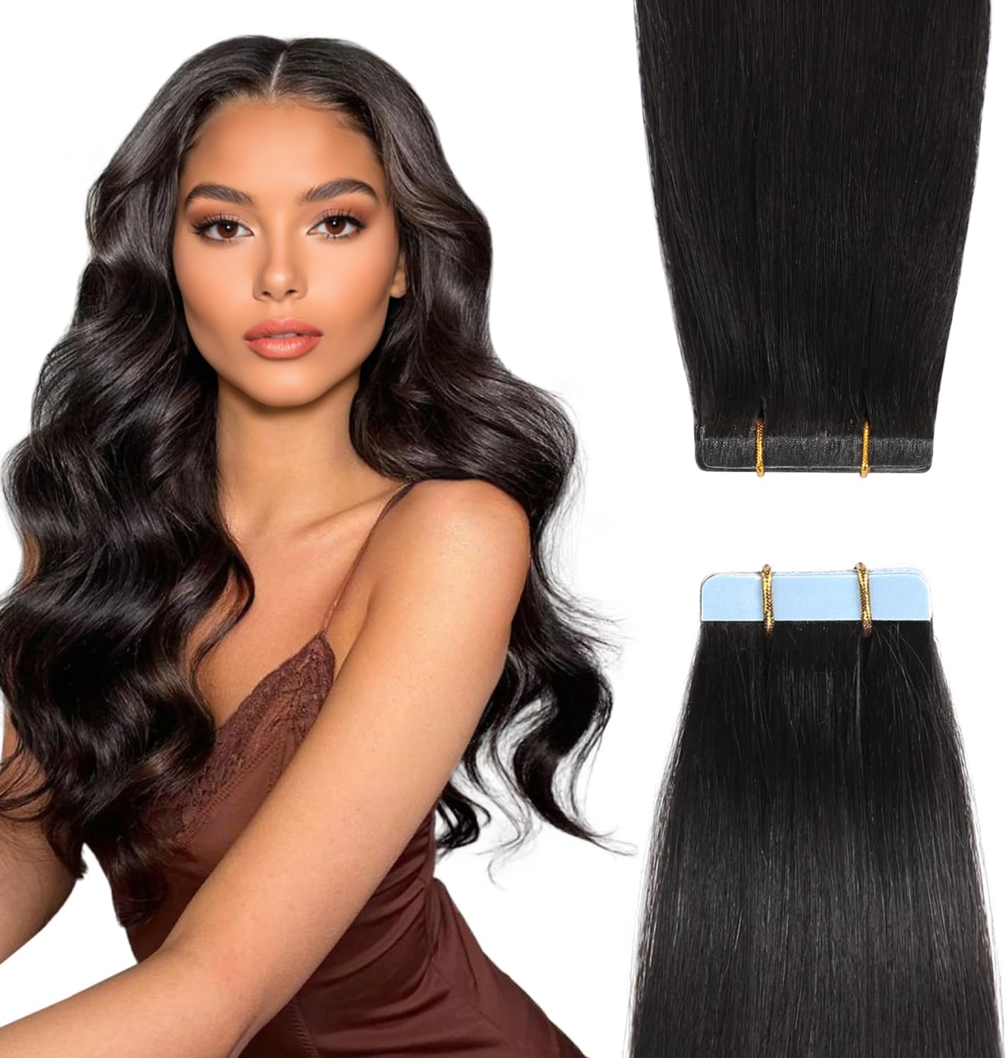 YILITE Tape In Hair Extensions Human Hair #1B Off Black 18inch Invisible Tape In Hair Extensions Seamless Silky Straight Tape Hair Extensions Real Human Hair 20pcs 50g Invisible Tape Ins