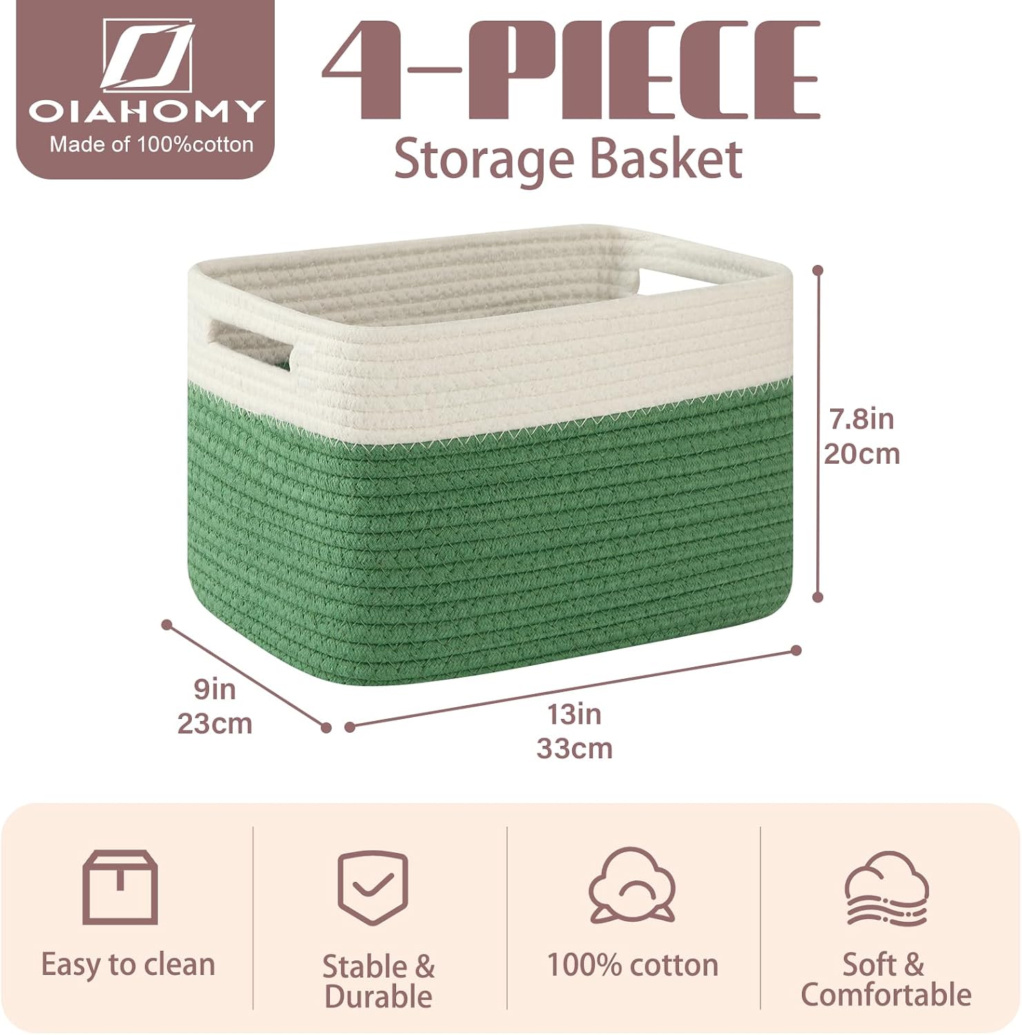 OIAHOMY 4 Pack Storage Basket, 13"x9"x7.8" Cotton Rope Baskets for Shelves, Closet Organizer for Bedroom & Living Room, Soft Decorative Bins for Organizing Towels, Books & Toys, Olive Green & White image 2