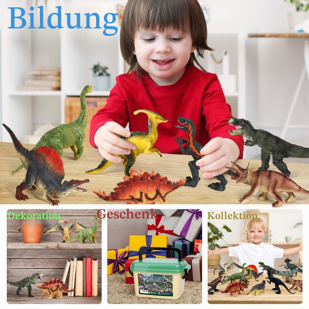 FRUSE Dinosaurier Spielzeug Set, 12 Stück Realistisches Figuren Spielset einschließlich T-Rex, Carnotaurus,Aufbewahrungsbox,Dino Buch,Dinosaurier Pädagogisches ab 3 4 5 6 7 8 Jahre