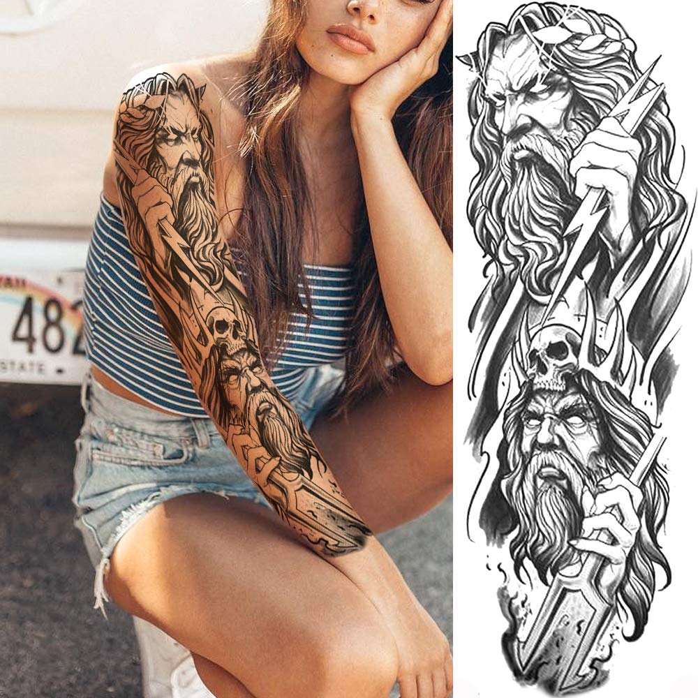11 Sheets NEZAR 3D Black Gladiator Full Arm Temporary Tattoo Sleeves For Men Women Kids Large Knight Cool Warrior Tatoo Paper Waterproof Dragon Lion Pirate Dead Skull Fake Tattoos Sticker God Of War