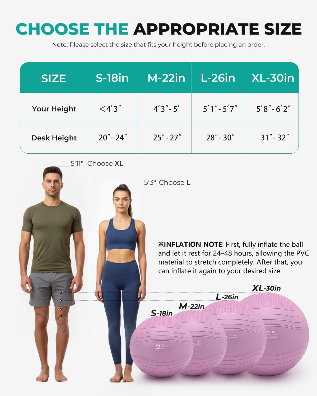 Gruper Yoga Ball, Extra Thick Exercise Ball for Workout Pregnancy Stability - 4 Sizes Anti Burst Balance Ball for Yoga, Pilates, Fitness, Birthing, Physical Therapy - Includes Pump