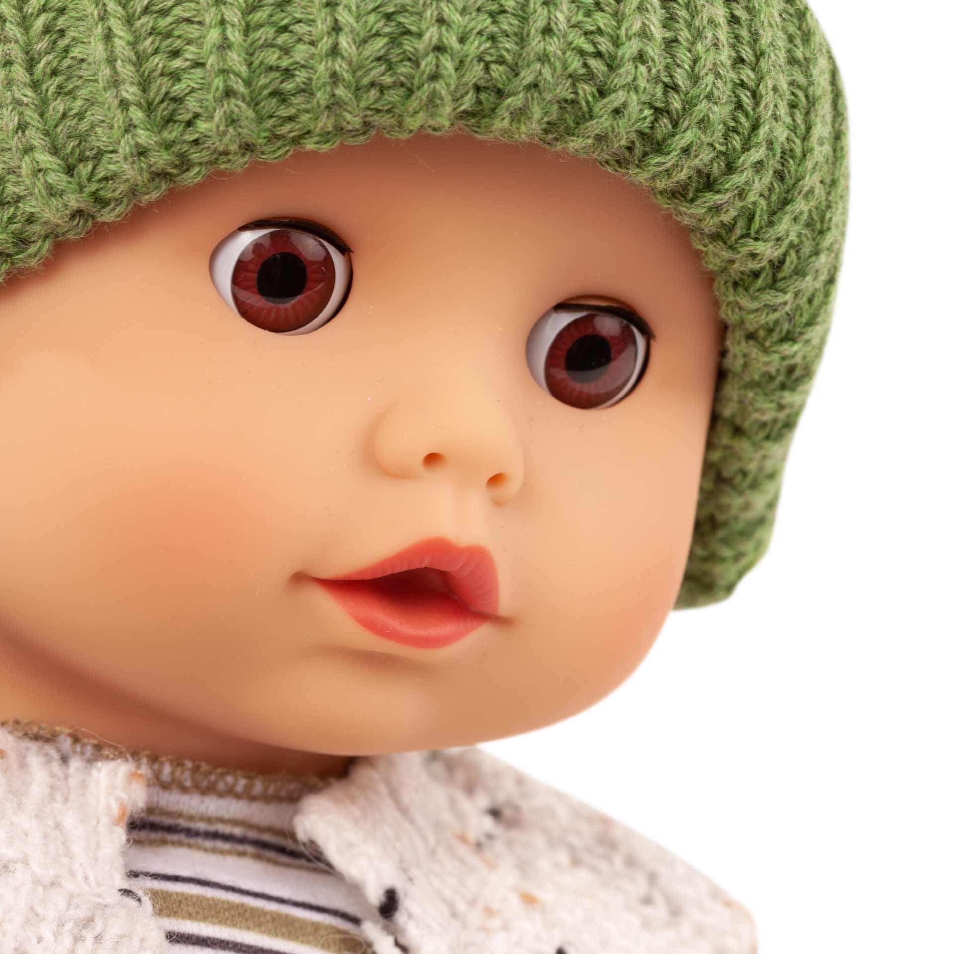 Götz 2420562 Muffin Baby Urban Stripes Puppe 33 cm Babypuppe | braune Schlafaugen, 7-tlg, ohne Haare, Weichkörper, für Kinder ab 18 Monaten, waschbar, mit Schnuller, Strickjacke und Mütze