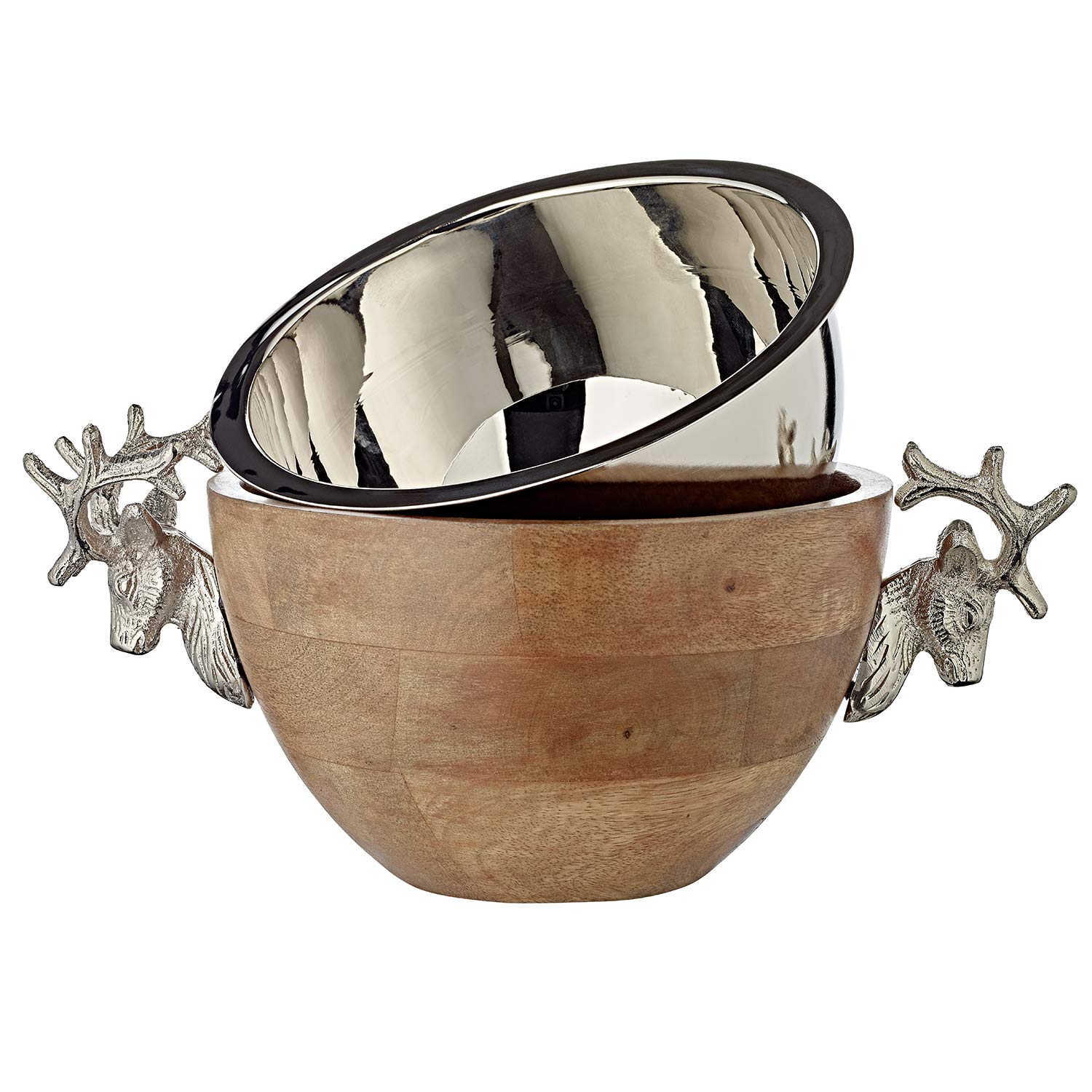 EDZARD Cuenco Ciervo, madera de mango con asas de ciervo, aluminio niquelado, largo 30 cm, ancho 20 cm, cuenco decorativo