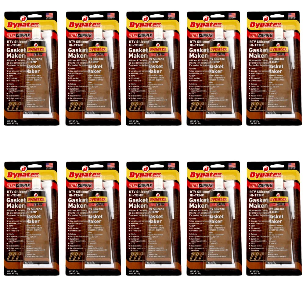 Dynatex DynaCopper RTV Silicone Copper Gasket Maker, 85g Tube - High Temperature, Non-Corrosive, and Sensor Safe Silicone Sealing Compound Made in the USA (10-Pack)
