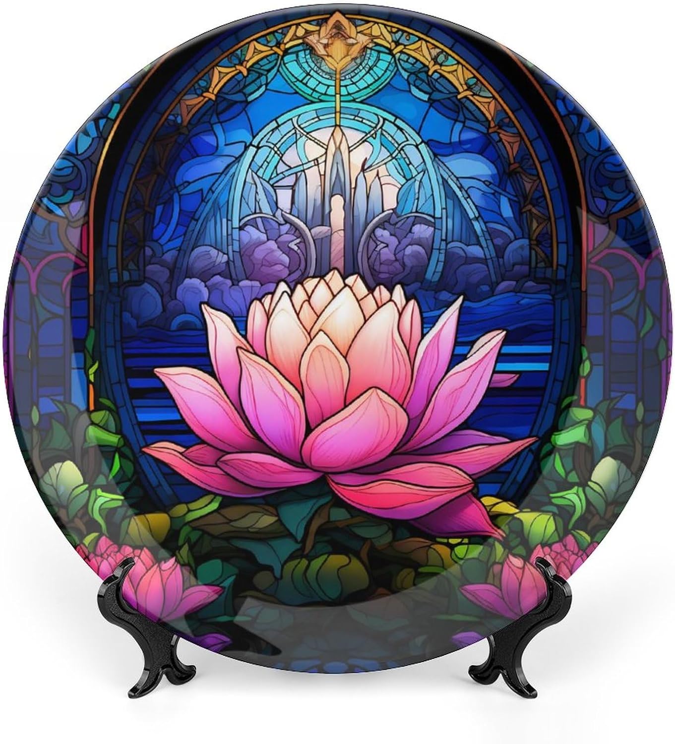 Decorative Plates for Home Decor, Cute Hummingbird Stained Glass Painting Decor Tray for Table Display, Ceramic Dinner Plate W/ Stand, Living Dining Room Decor, Gifts for Hummingbird Lovers, 8 Inch