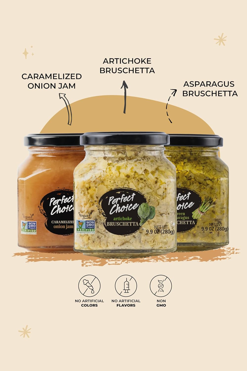 Perfect Choice Variety Pack with Delicious Artichoke Bruschetta, Green Asparagus Bruschetta & Caramelized Onion - Ready-to-eat Spread Ideal for Burgers, Sandwiches, Meats And More - Pack of 3