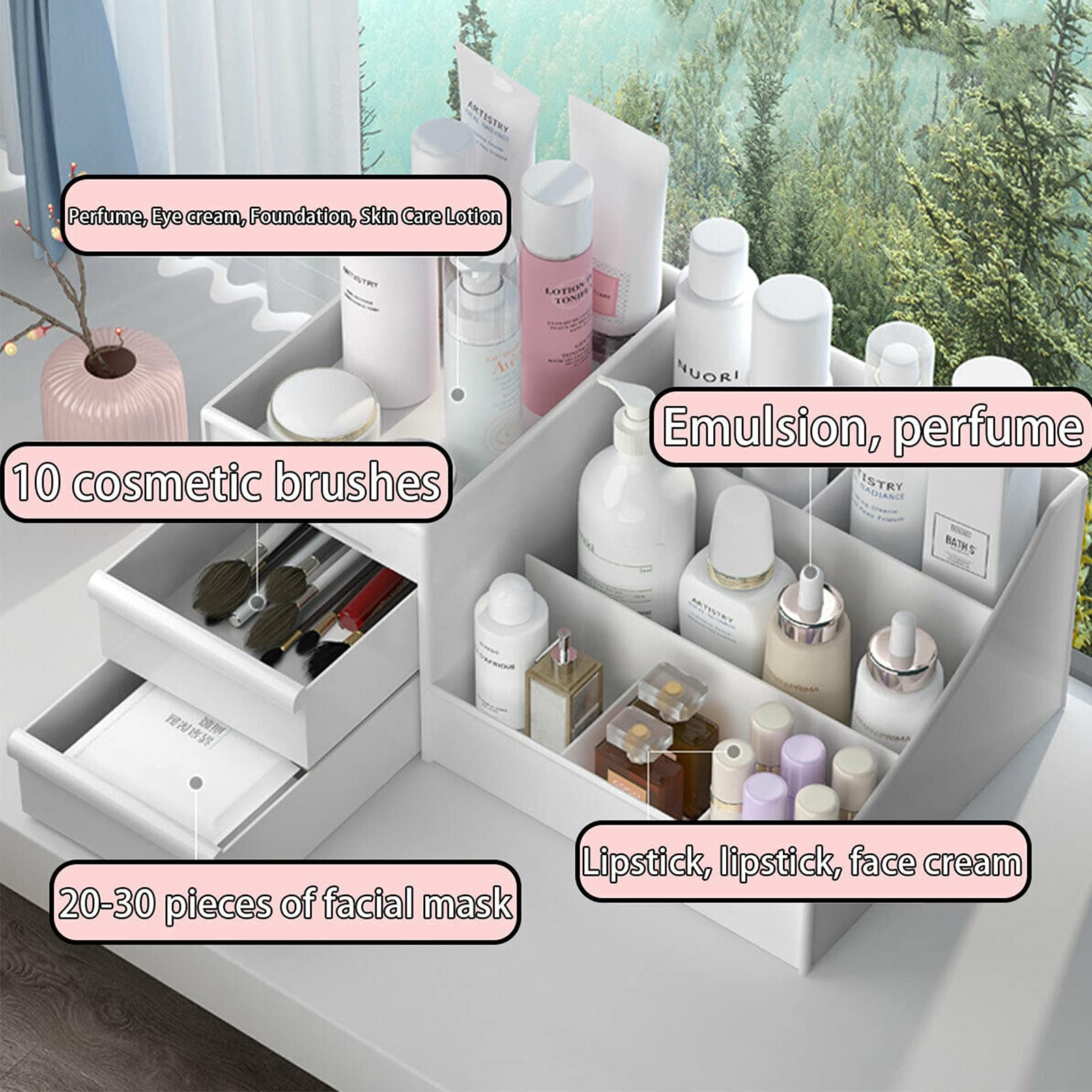 Organizer da scrivania con cassetti, per cosmetici, cosmetici, cosmetici, pennelli, lozioni, ombretti, smalti e gioielli