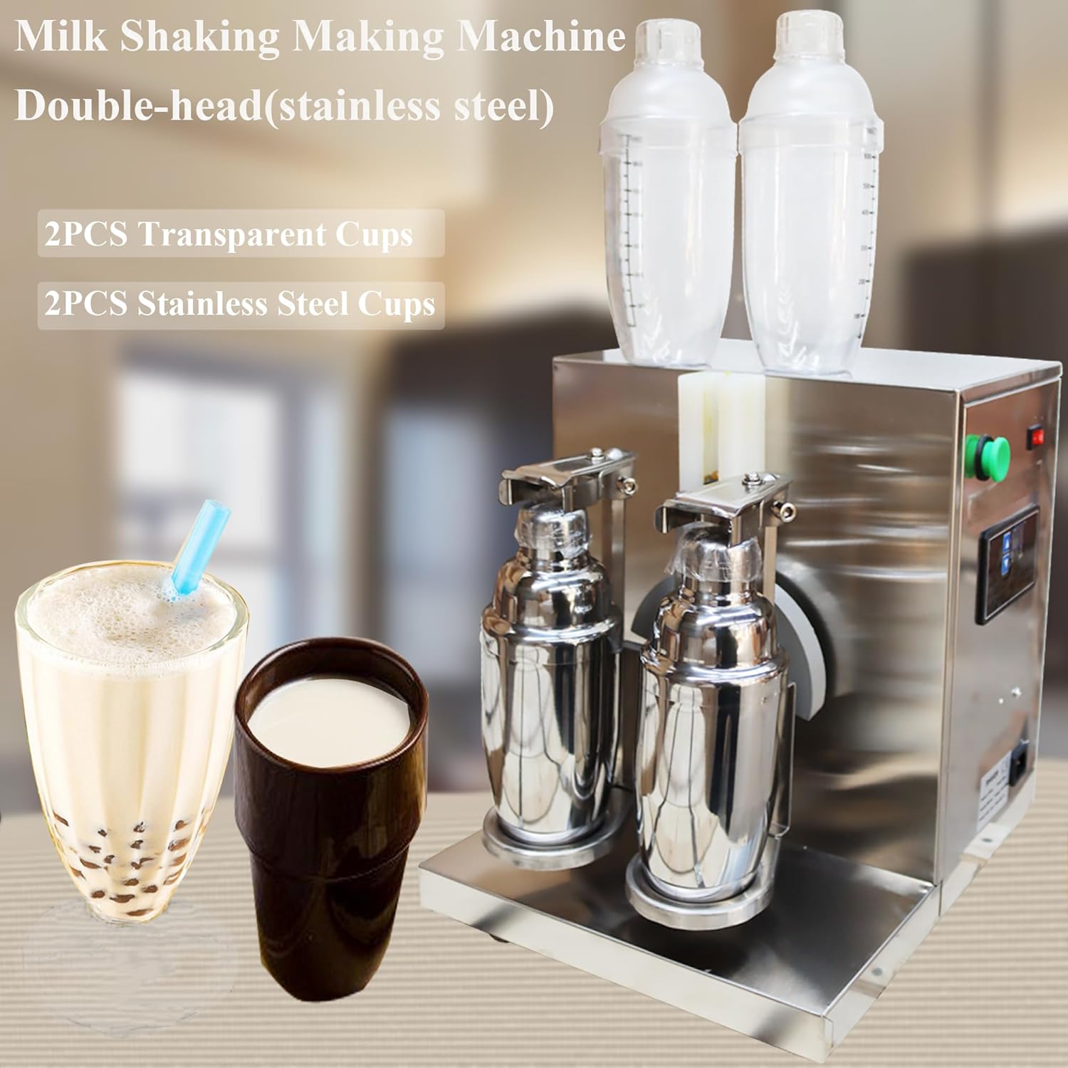 Milk Shaking Machine Stainless Steel Double-head Auto Milk Tea Shaker Machine for Bubble Milk Tea with 2pcs 750ml Stainless Steel Cups and 2pcs 700ml Transparent Cups Milk Mixer Blender 110V