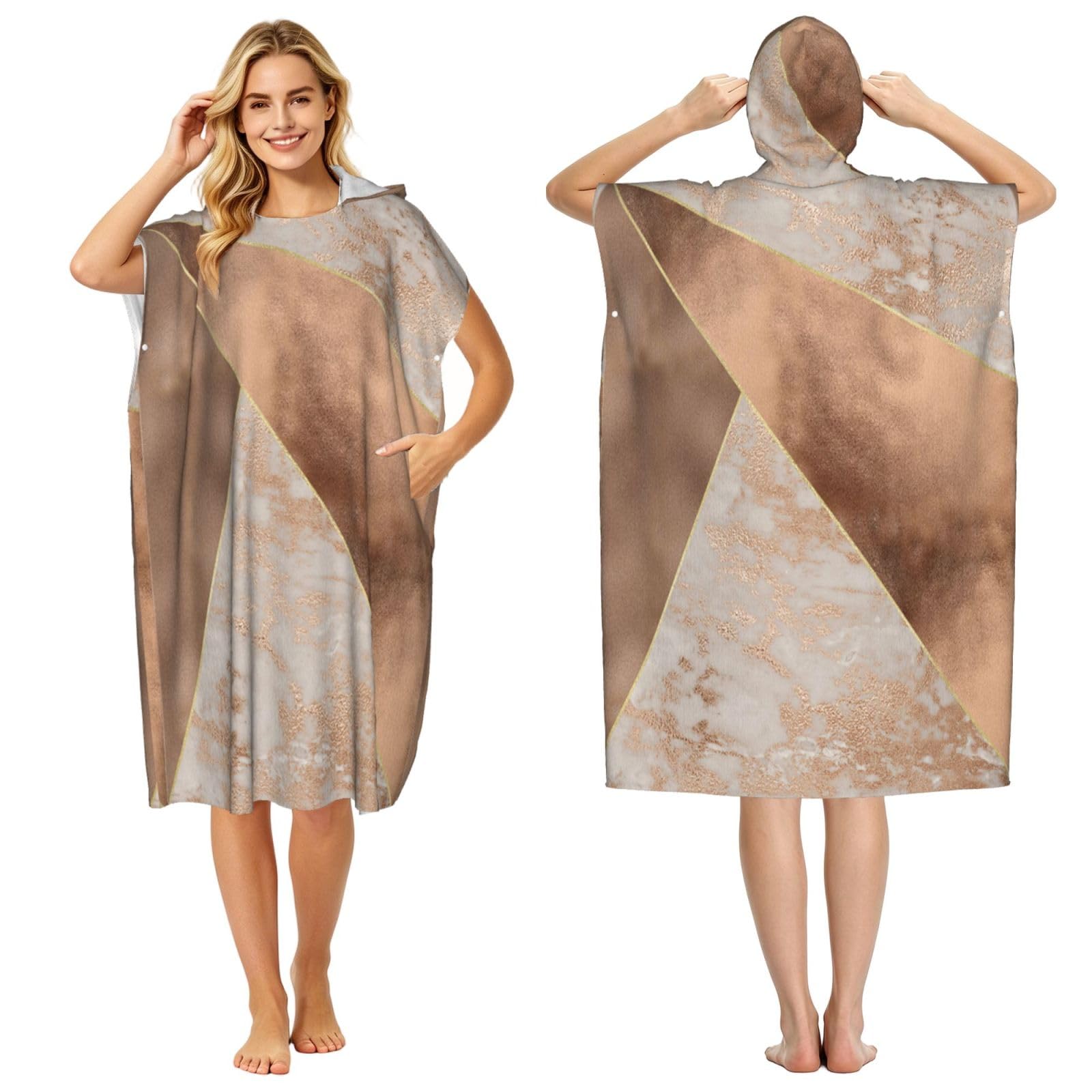 Poadnly Copper Foil And Blush Rose Gold Marble Triangles, Adult Hooded Beach Towel 90 x 110 cm,Changing Bath Robe, Surf Poncho Towel For Women Men