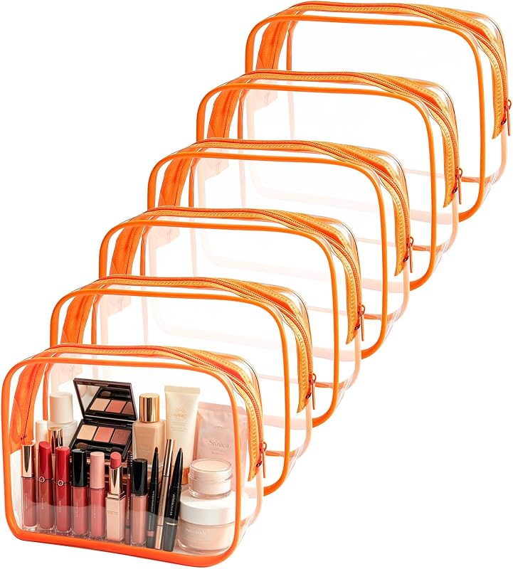 YOQIVEXU Kit com 6 necessaires transparentes de maquiagem com zíper, PVC, laranja, modelo CB06