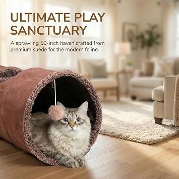 51x 12 Collasiple Cat Play Tunnel, Cats Tubes and Tunnels, Cat Foldable Hide and Seek Tunnel Toy, Brown Suede Pet Tube Toy for Rabbits, Ferrets, Puppy, Diameter 12 Inch