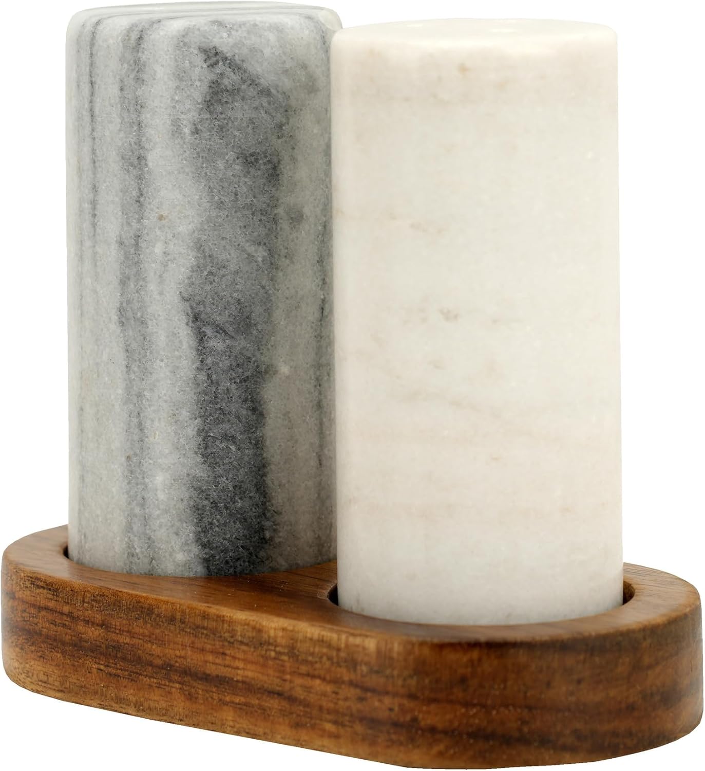 Spiretro Elegant Marble Salt and Pepper Shaker Set with Acacia Wood Holder - Real Grey and White Marble Cylindrical Shakers for Kitchen Shelf, Table or Spice Rack - 1.75” x 3.75” Each