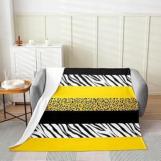 Homewish Yellow Leopard Print Throw Blanket Black White Zebra Print Fleece Blanket for Kids Teens Adults Simple Wild Animal Skin Stripes Print Flannel Blanket for Bedroom Car Party Throw 50x60