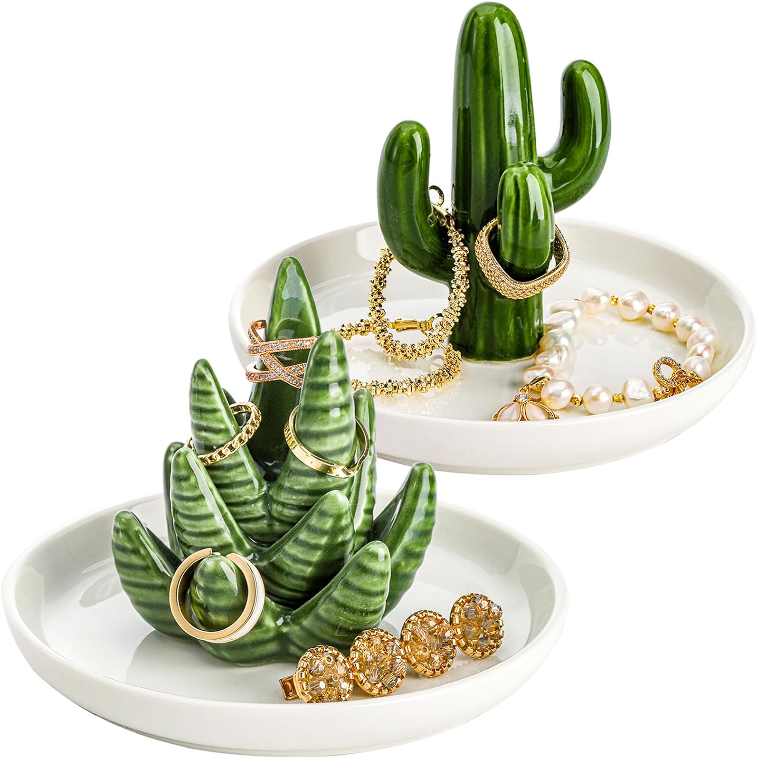 Elsjoy Set of 2 Ceramic Aloe & Cactus Jewelry Trays - Ring Earring Organizers, Succulent Trinket Dishes for Home Decor & Gifts