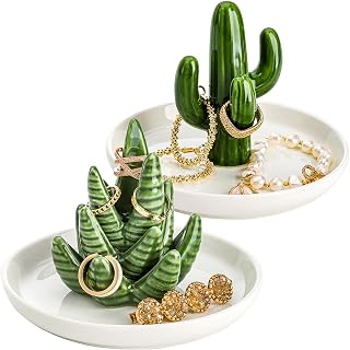 Elsjoy Set of 2 Ceramic Aloe & Cactus Jewelry Trays - Ring Earring Organizers, Succulent Trinket Dishes for Home Decor & Gifts