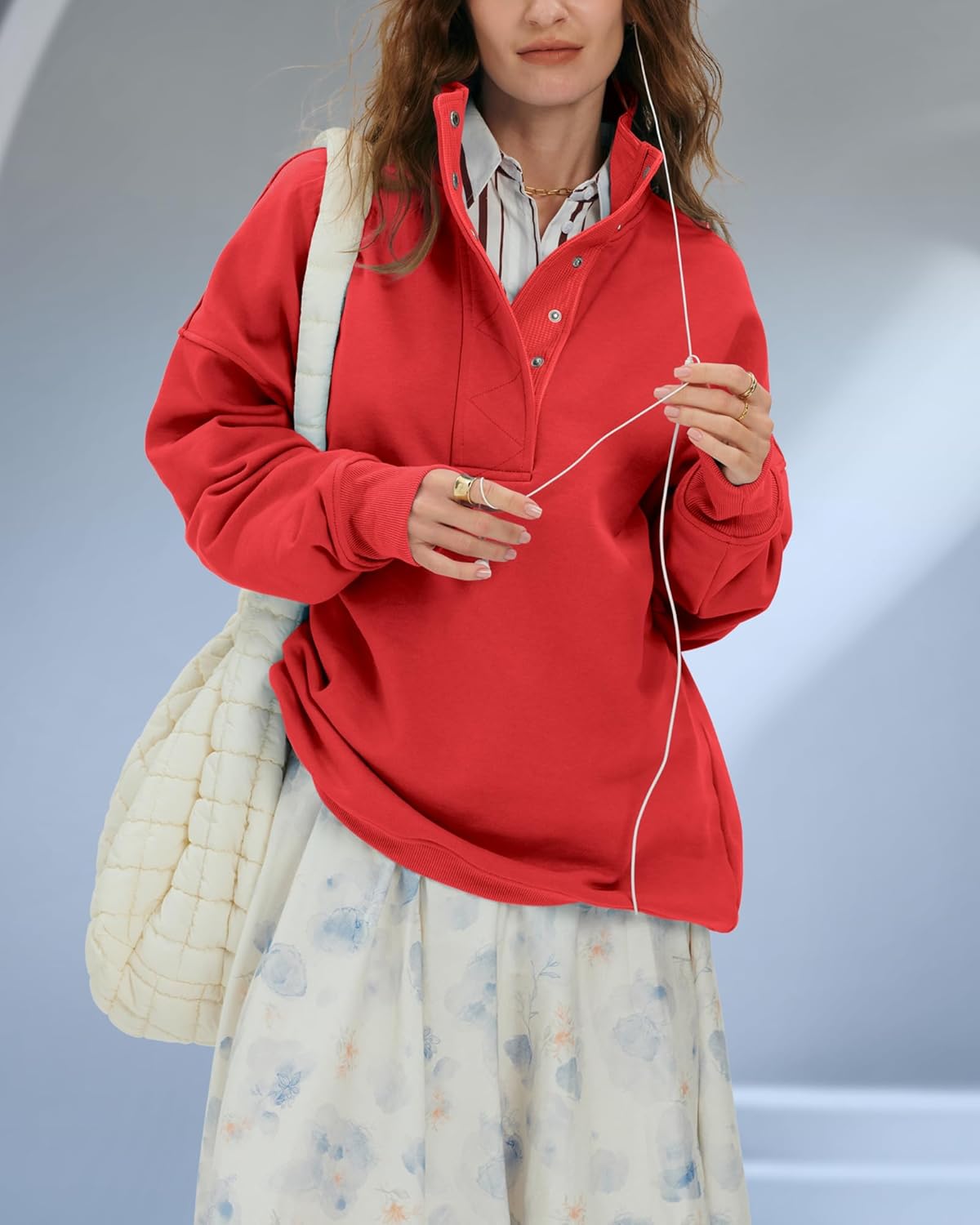 Women's Oversized Sweatshirts Button Up Henley Neck Pullover Tops Loose Fit Fashion Outfits Clothes - Image 6