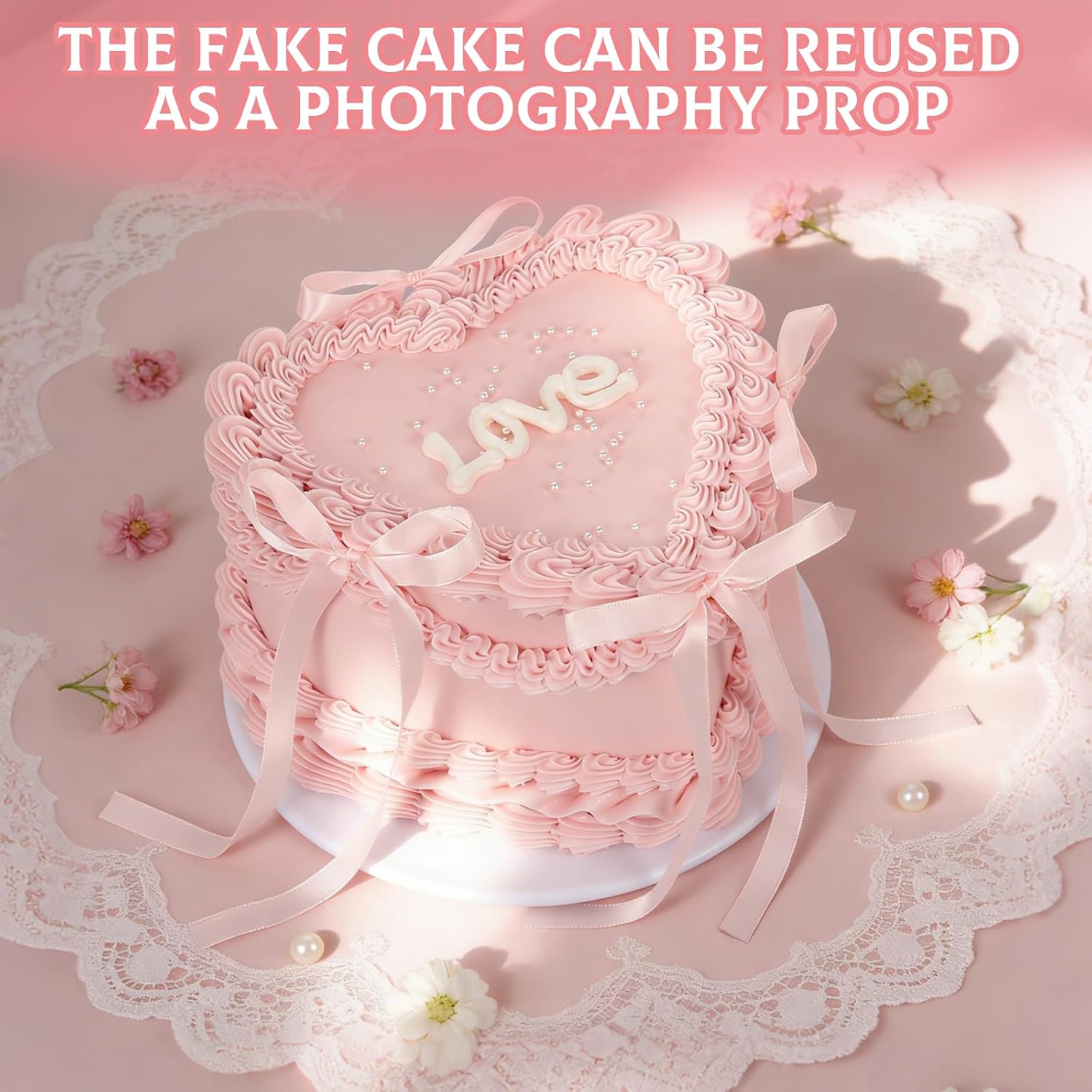 YEXEXINM 7 in Pink Bow Fake Cake, Heart Shaped Artificial Birthday Cake with Pearls and Love Word, Faux Bakery Display Cake Model for Wedding Party Decoration, Photography Props, Shop Window Display