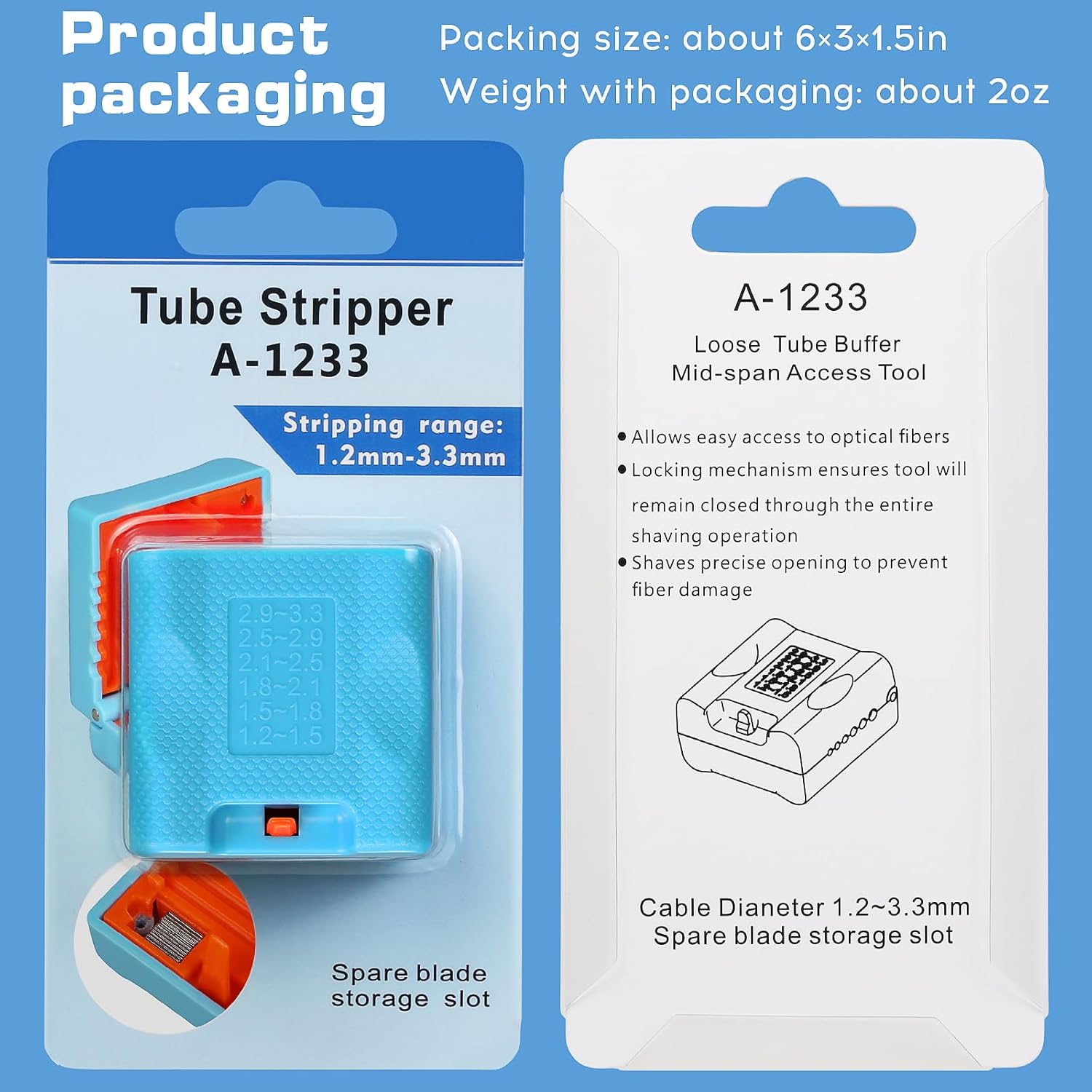 A-1233 1.2-3.3mm Replaceable blade Cable Tube Slitter Fiber Optic Mid Span Cable Cutting Tool Jacket Tube Slitter Loose Tube Buffer Tube Stripper Stripping range 1.2-3.3mm with 12pcs blade