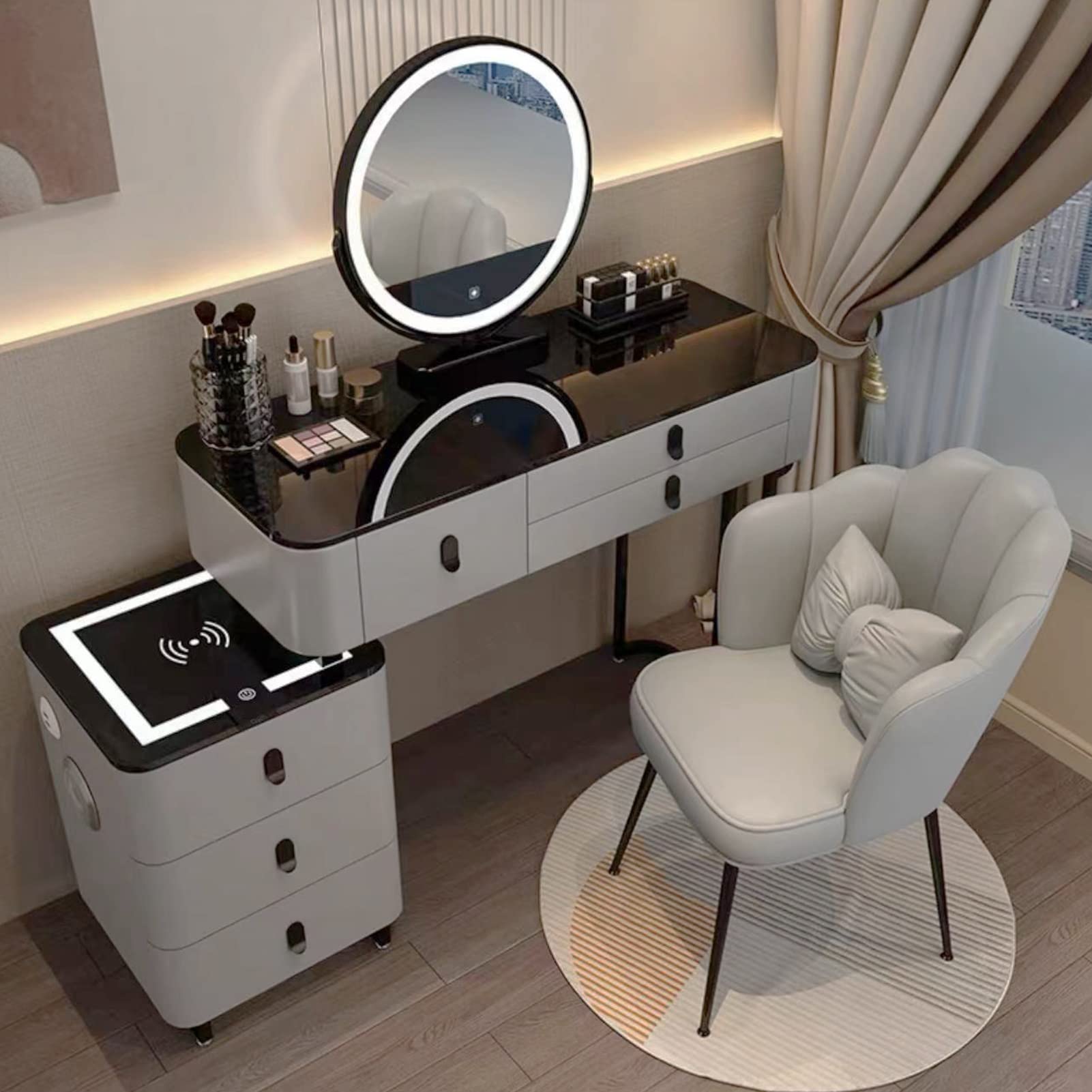 CGCSYZ Makeup Vanity Desk Set with Cushioned Stool, Dressing Table tempered glass desktop, Vanity Table with Lighted Mirror, Movable Drawer Chest with Charging Station(Gray+glass B-80cm/31.5in)