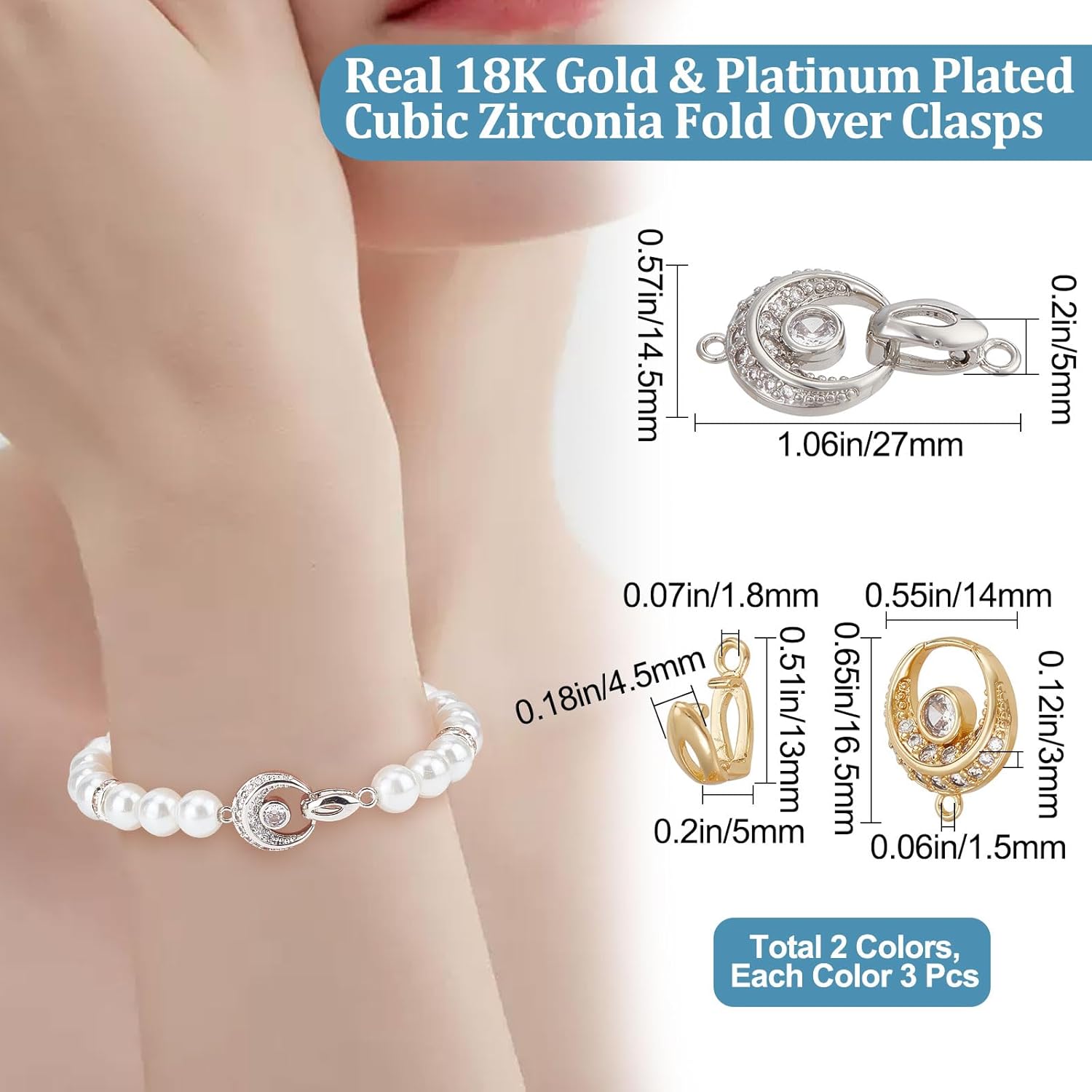 Beebeecraft 6Pcs 2 Colors Fold Over Clasps 18K Gold Plated Cubic Zirconia Oval Shaped Extender Clasps for DIY Bracelet Necklace Jewelry Making Gold&Sliver - Image 2