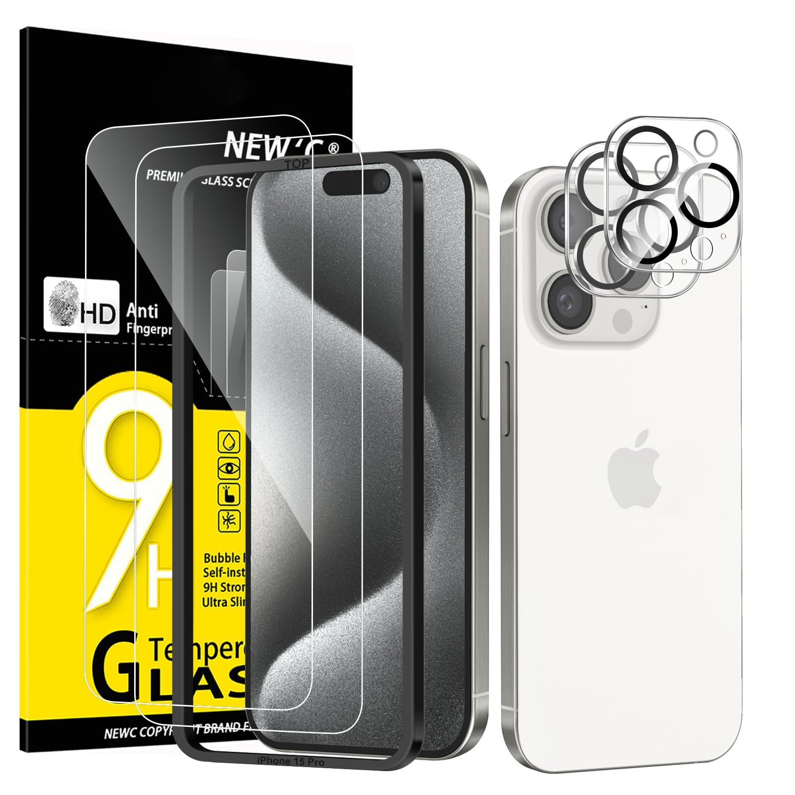 NEW'C 4 sztuki, 2 szt. ochraniaczy ekranu do iPhone'a 15 Pro (6,1 cala) + 2 szt. ochraniaczy obiektywu aparatu, ochrona czujnika, przyjazna dla obudowy folia ze szkła hartowanego