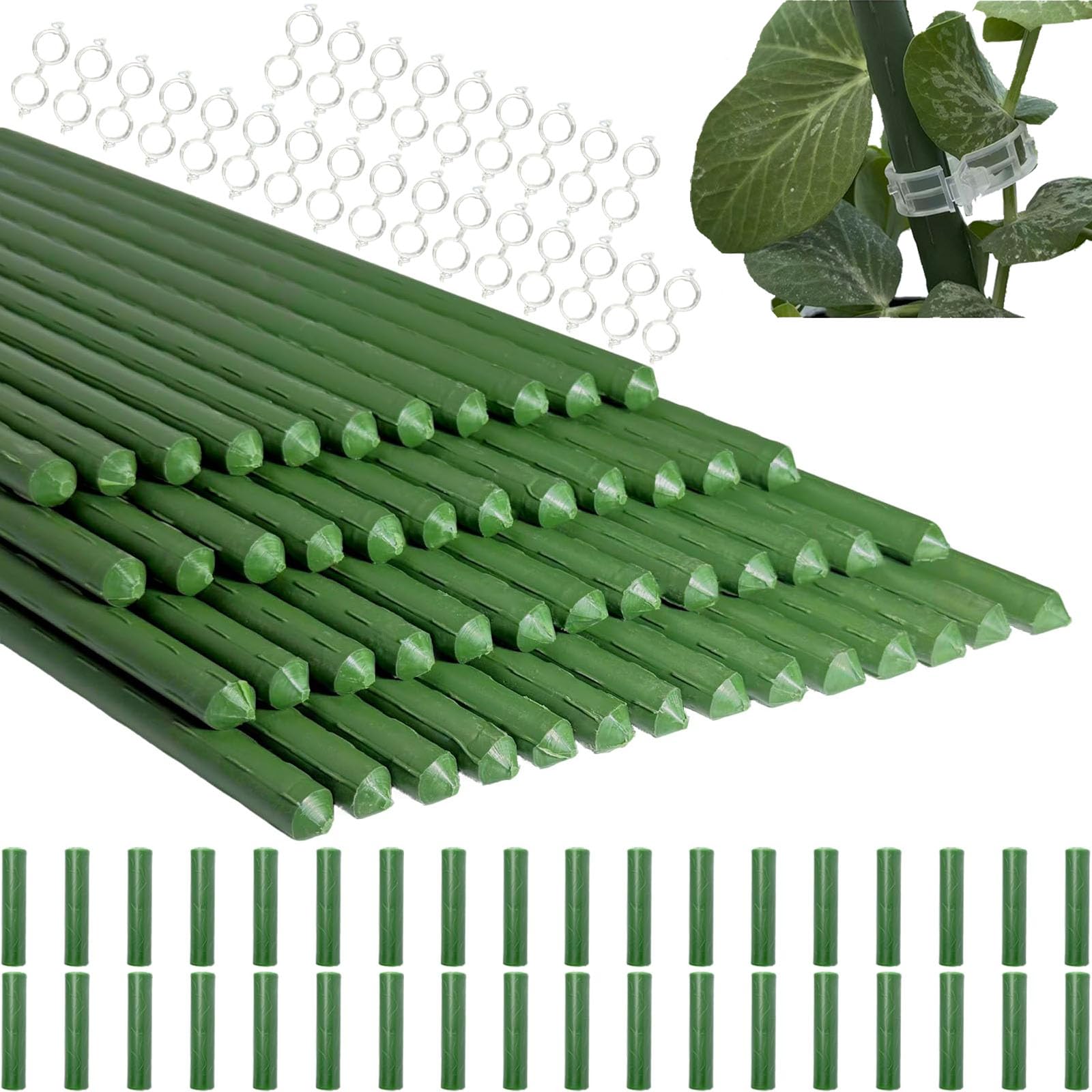 50PCS Garden Green Plant Support Stakes-40cm x 11mm,Plastic Coated Steel Sticks with 36PCS Connectors And 50PCS Garden Support Clips,Garden Canes for Plants Tomatoes Pea Flowers And Vegetable