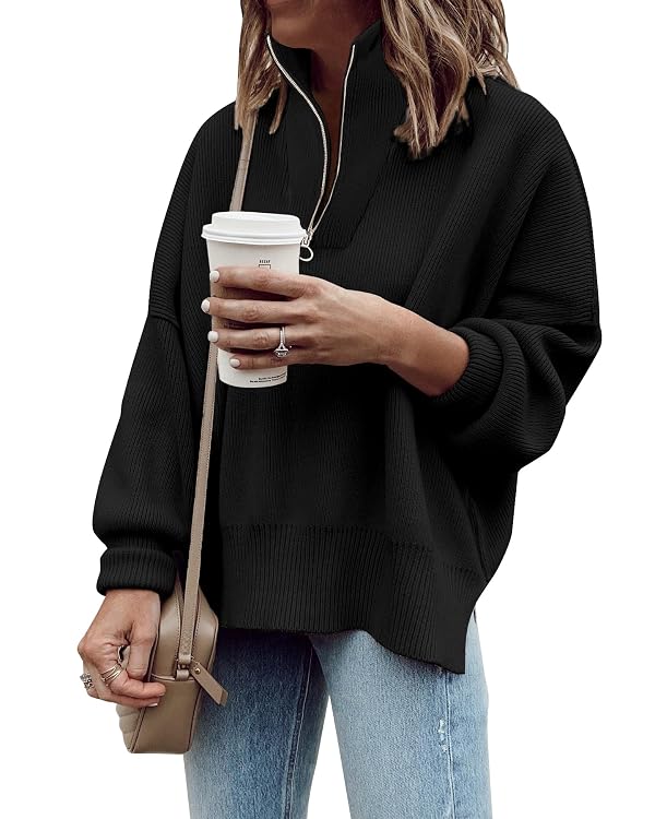 Imily Bela Womens Tunic Sweater Fall Long Sleeve 1/4 Zip Pullover Sweaters Oversized Slouchy Ribbed Knit Sweatshirt with Slit Black by Imily Bela - Used condition - US$13.16